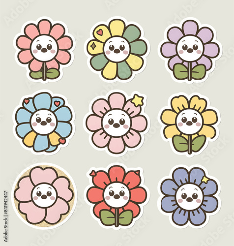 Kawaii flowers printable stickers vector illustration set