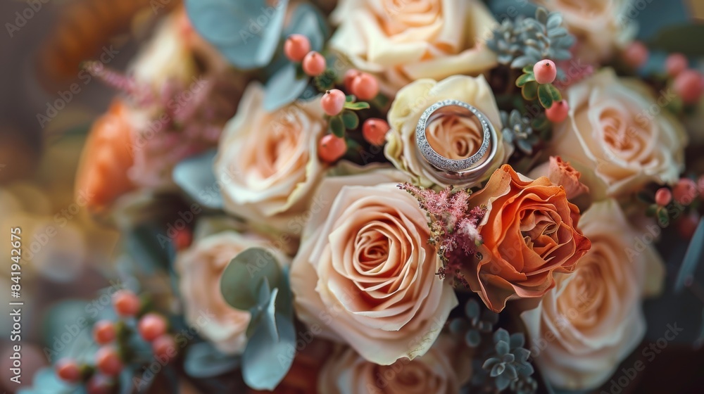 Close-up of a beautifully arranged wedding bouquet and rings Close-up of a beautifully arranged wedding bouquet and rings