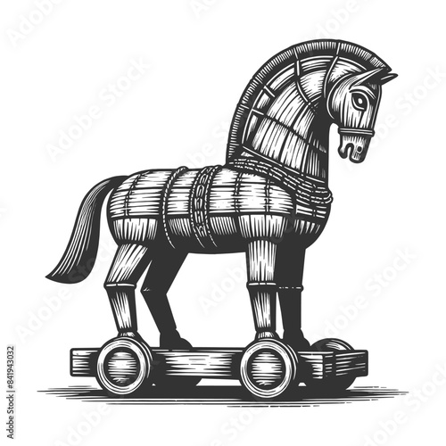 Trojan horse wooden horse toy mounted on a wheeled platform, showcasing classic toy craftsmanship sketch engraving generative ai vector illustration. Scratch board imitation. Black and white image.