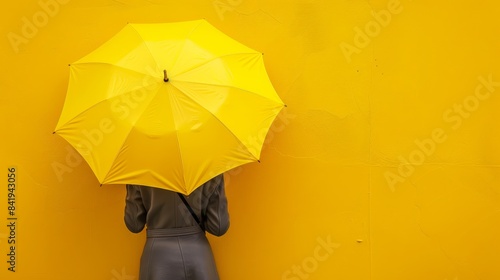 a person is standing under an umbrella in front of a yellow wall