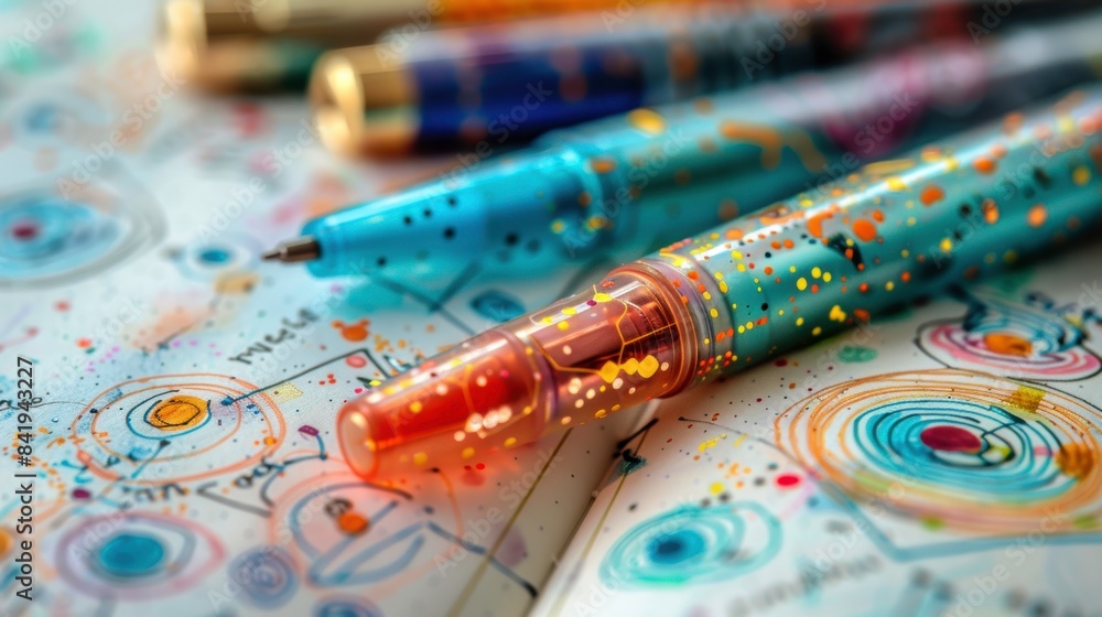 Close-up of a futuristic bullet journal with intricate holographic doodles and colorful bullet points pens lying around Close-up of a futuristic bullet journal with intricate holographic doodles and colorful bullet points pens lying around