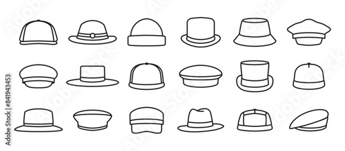 Simple set of Hat icons, includes fedora hat icon, captain, men's bowler, baseball cap, sun visor, beret, cowboy, bucket, summer hat. Icons set of hats vector illustration on transparent background. 