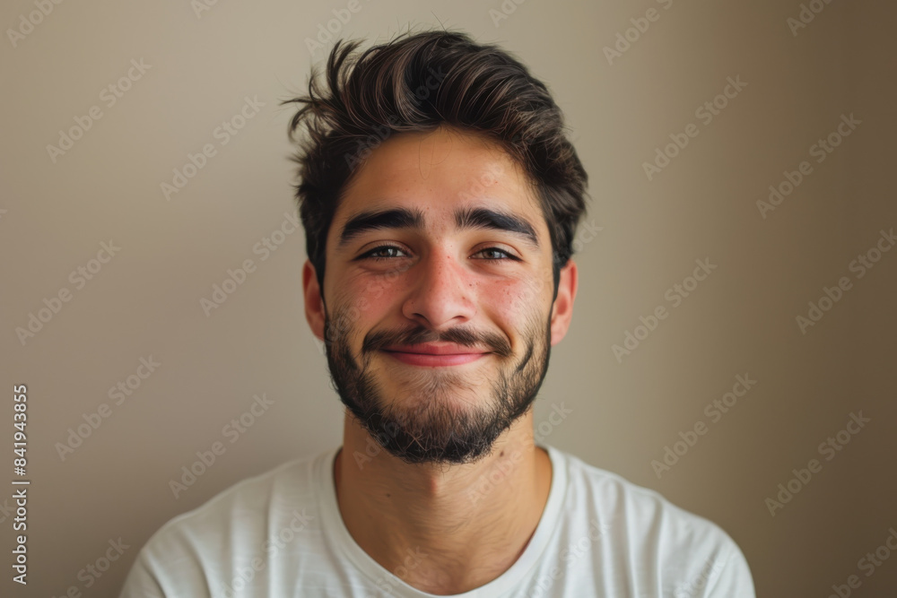 A close up portrait of a young man with a subtle smile A close up portrait of a young man with a subtle smile