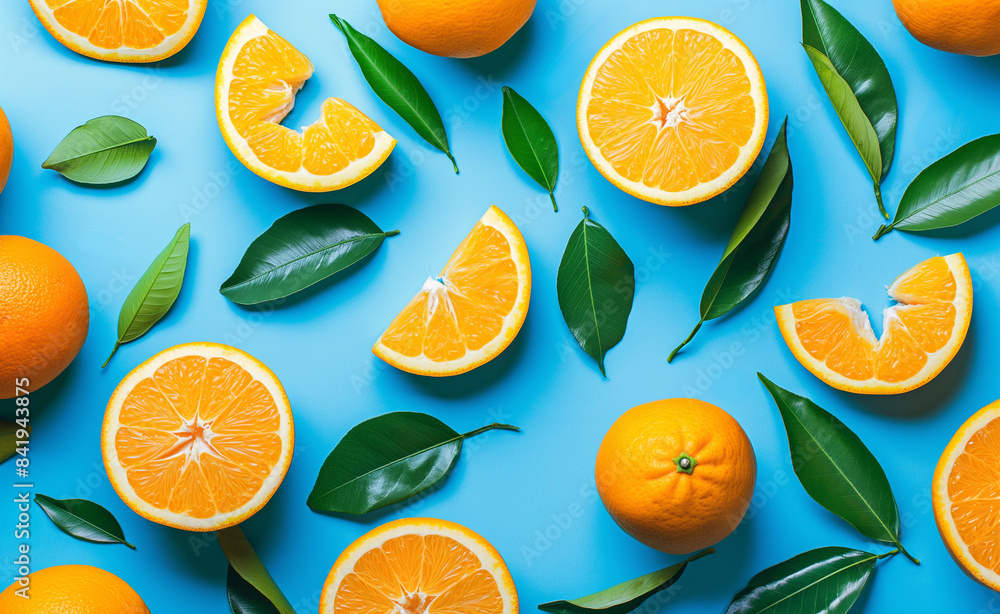 Halved oranges arranged on a blue background. Halved oranges arranged on a blue background.