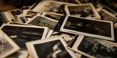 An assortment of black and white photos spread out on a surface, showcasing various subjects