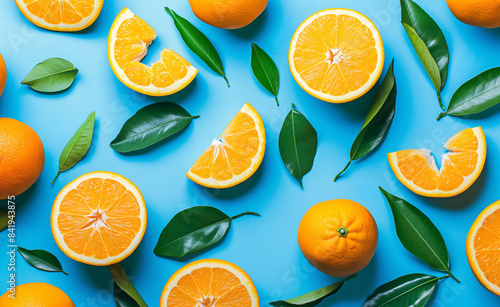 Halved oranges arranged on a blue background.