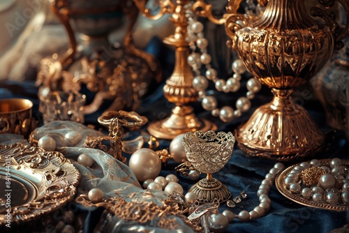 An array of antique gold objects and pearls artfully arranged on a dark luxury fabric surface