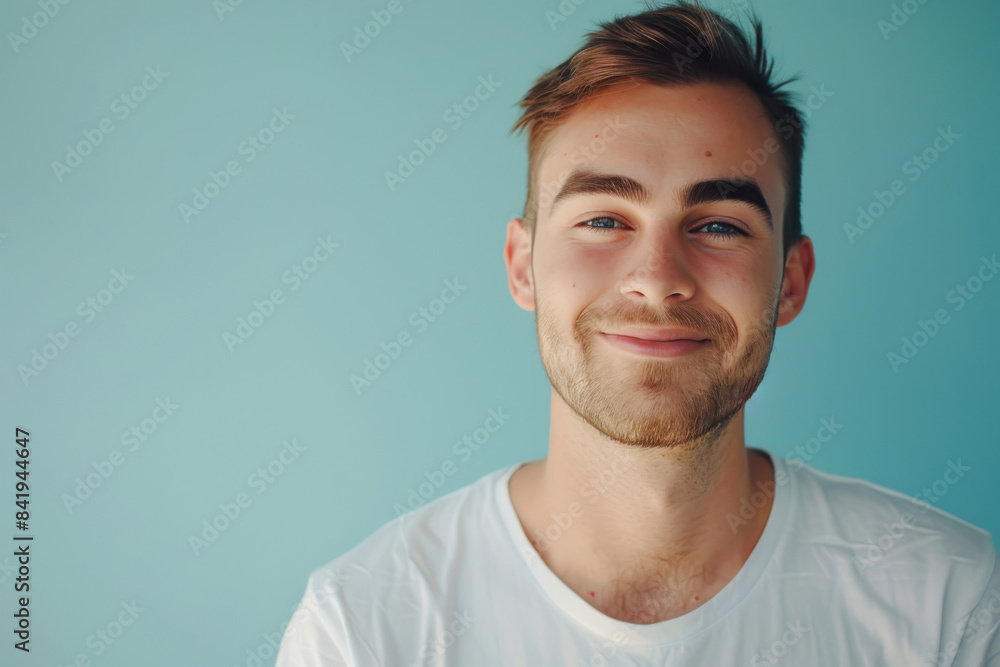 A close up portrait of a young man with a subtle smile A close up portrait of a young man with a subtle smile