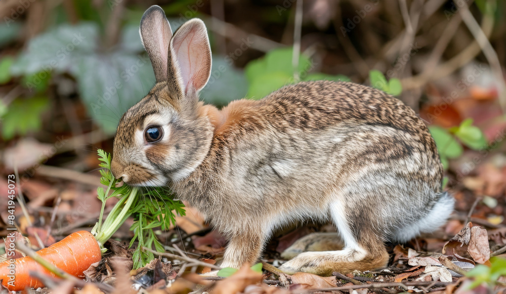 Fototapeta premium A cute rabbit munching on a carrot green in a natural garden setting.