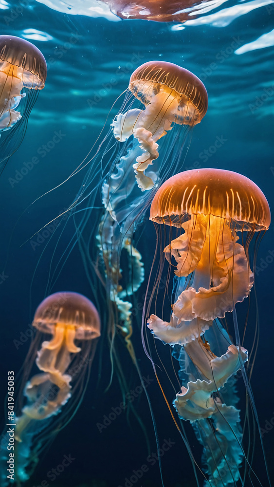 Obraz premium glowing sea jellyfishes on dark background, glowing sea jellyfishes in clean blue water, jelly fish, water, blue water, ai generated