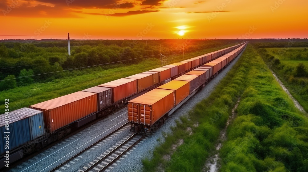 Obraz premium Aerial view of a freight train. Rail freight transportation as one of the most important engines of trade and economy