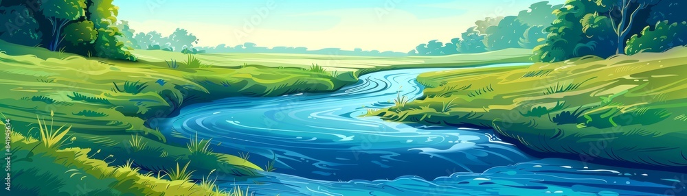 A serene river flowing through a lush green meadow on a bright sunny day, surrounded by trees, creating a peaceful and tranquil natural scene. A serene river flowing through a lush green meadow on a bright sunny day, surrounded by trees, creating a peaceful and tranquil natural scene.