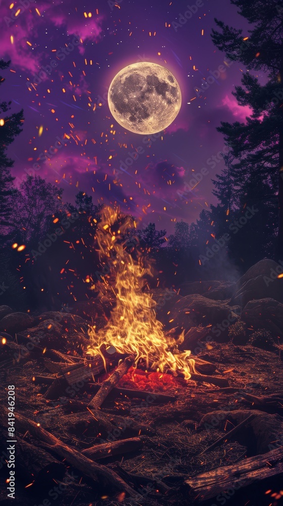 Campfire under a full moon in a forest, glowing embers and sparkles. Nighttime outdoor wilderness adventure concept Campfire under a full moon in a forest, glowing embers and sparkles. Nighttime outdoor wilderness adventure concept