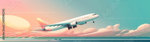Wallpaper Mural Illustrative graphic of an airplane taking off into a colorful sky at sunrise with stylized clouds and sun. Torontodigital.ca