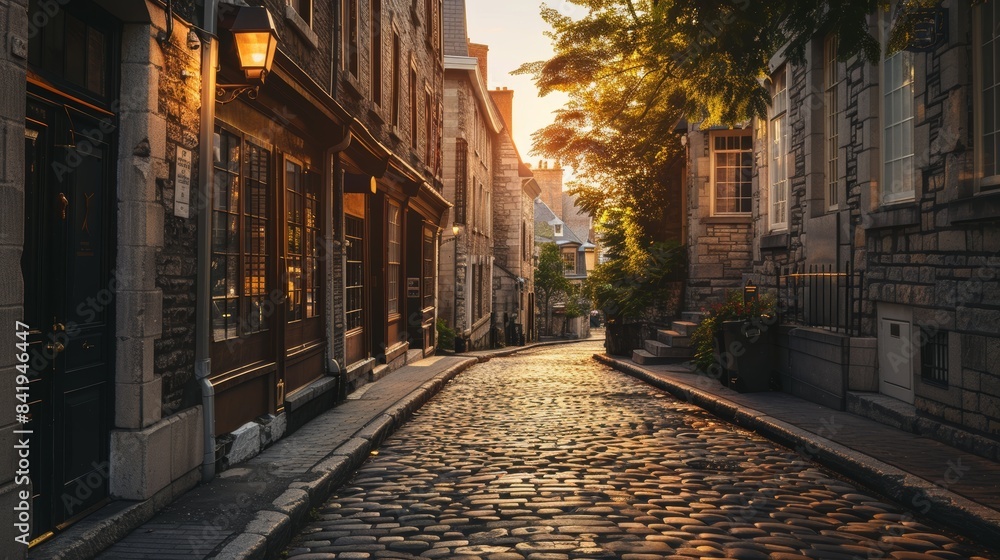 Fototapeta premium Charming cobblestone street in a historic European town at sunset, lined with old buildings and soft, warm lighting.