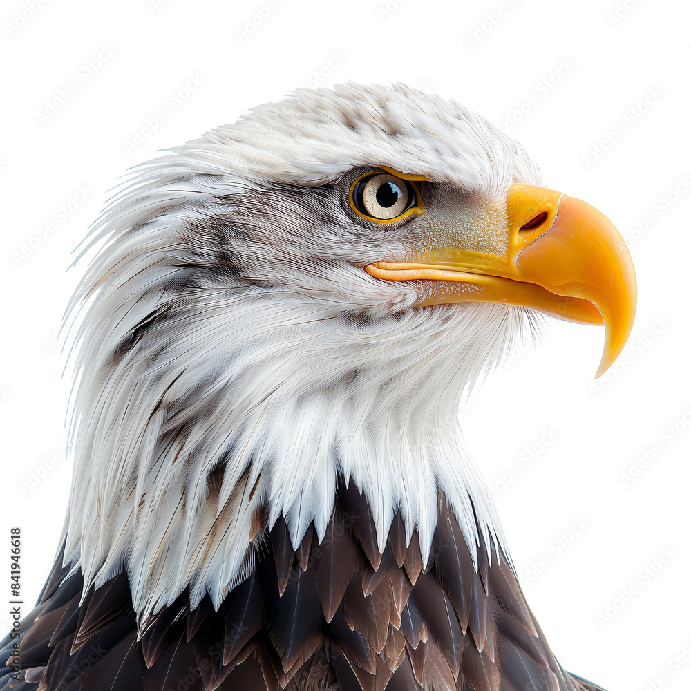Obraz premium Close-up of a majestic bald eagle with sharp eyes and a striking yellow beak, capturing the essence of strength and beauty. Isolated on transparent background