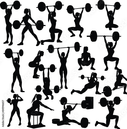 set of Vector Woman Weightlifting Silhouettes Sublimation collection in different poses on white background