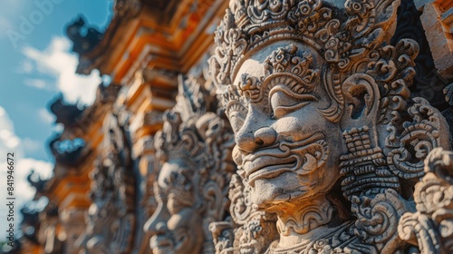 A close-up of a detailed stone carving of a Balinese deity, with intricate patterns and a serene expression.