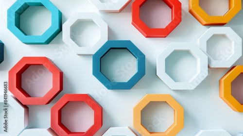 Colorful geometric octagonal shapes arranged creatively in a modern, abstract art pattern on a white background. Ideal for design and decor projects.