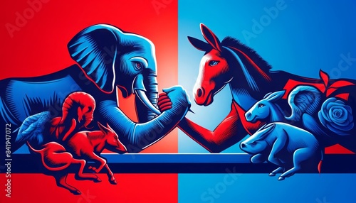 Political Arm Wrestling Elephant vs. Donkey Showdown representing political rivalry red and blue