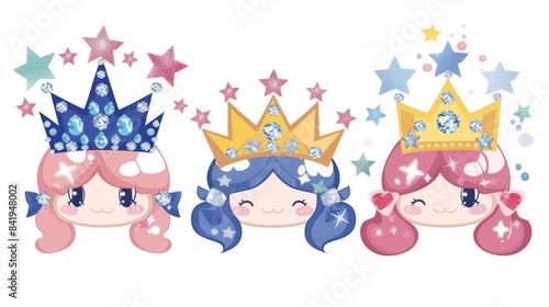 Cute Kawaii depiction of festive crowns adorned with diamonds and Independence Day ribbons and stars © Melon