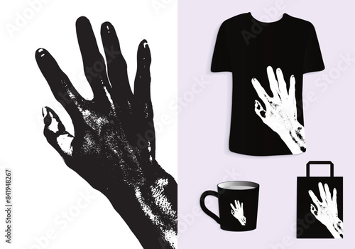 Five-Finger Hand Gesture Rear View with Grunge Effect in Retro Style for T-Shirt, Tote Bag, and Cup Design. Merchandise and Print. Mock-up templates Included. photo