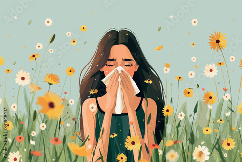 Hay fever. woman suffers from pollen and grass allergy and blows her nose with a handkerchief