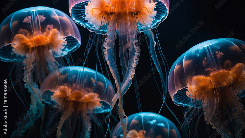 glowing sea jellyfishes on dark background, glowing sea jellyfishes in clean blue water, jelly fish, water, blue water, ai generated glowing sea jellyfishes on dark background, glowing sea jellyfishes in clean blue water, jelly fish, water, blue water, ai generated