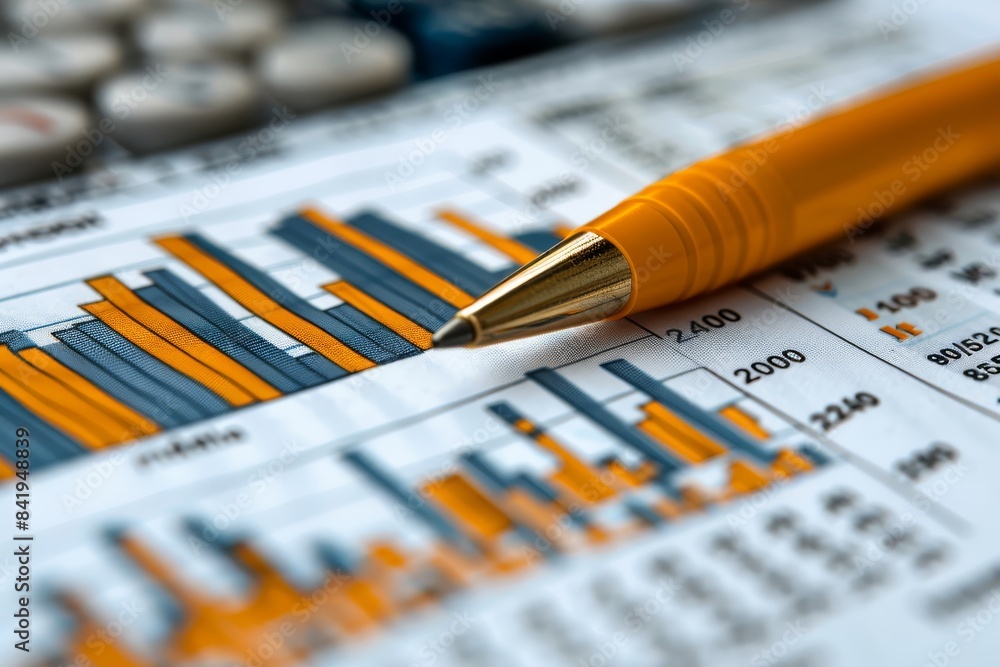 A close-up of a pen on financial charts with blue and orange bar graphs, representing business data and analysis with a calculator in the background. A close-up of a pen on financial charts with blue and orange bar graphs, representing business data and analysis with a calculator in the background.
