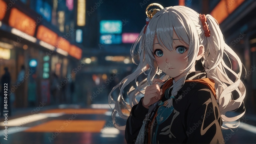 Anime Girl in Vibrant Night Cityscape