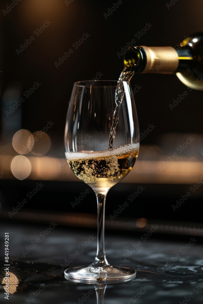 Fototapeta premium An elegant glass of white wine being poured, against a dark bar background.
