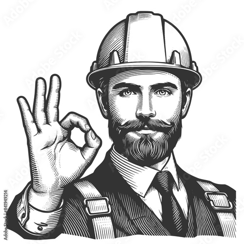 engineer in a hard hat making an OK gesture, symbolizing safety in the workplace sketch engraving generative ai fictional character vector illustration. Scratch board imitation. Black and white image.
