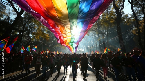 A large rainbow flag hangs overhead during a gay rights march