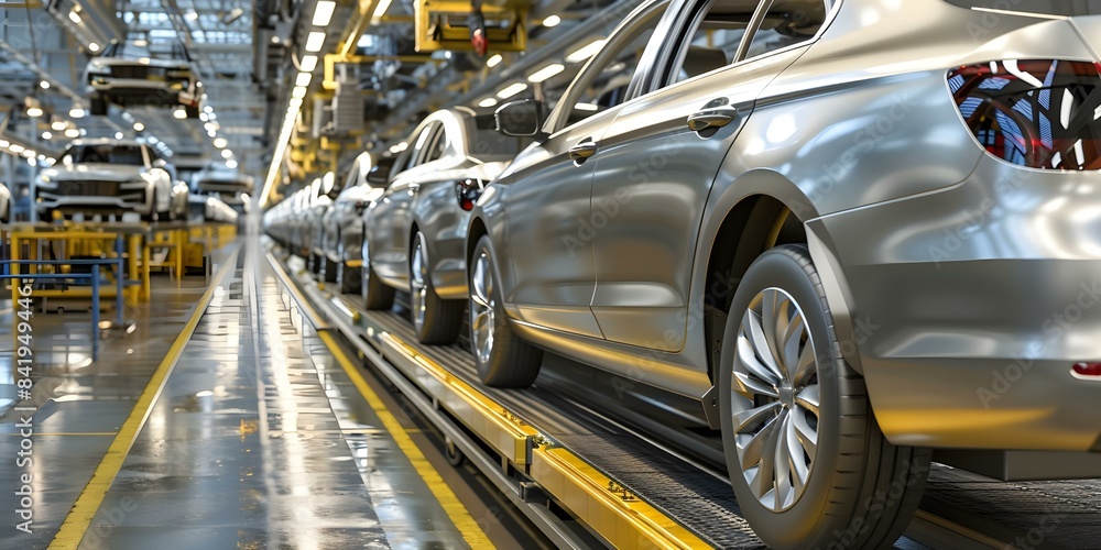 Busy factory assembly line producing modern cars using mass production techniques. Concept Factory operations, Assembly line production, Modern car manufacturing, Mass production techniques Busy factory assembly line producing modern cars using mass production techniques. Concept Factory operations, Assembly line production, Modern car manufacturing, Mass production techniques