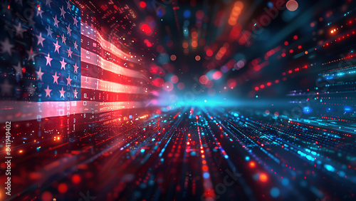 Dreamlike scene with US flag morphing into digital network, USA flag, American flag, 4th of July, Fourth of July, American patriotism, Independence Day, stars and stripes, patriotic template, 