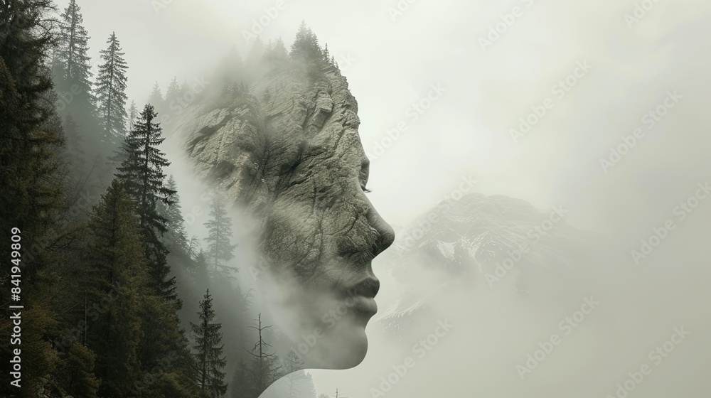 Double exposure combines a woman's face, high mountains and forest. Panoramic view. The concept of the unity of nature and man. Dream, reminisce or plan a climb. Memory of a mountaineer. Illustration. Double exposure combines a woman's face, high mountains and forest. Panoramic view. The concept of the unity of nature and man. Dream, reminisce or plan a climb. Memory of a mountaineer. Illustration.
