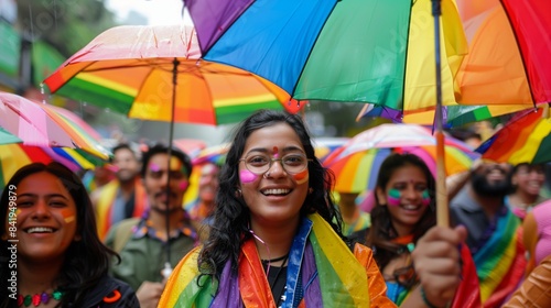 A woman smiles as she marches in a pride parade in India, holding a colorful umbrella to shield herself from the rain