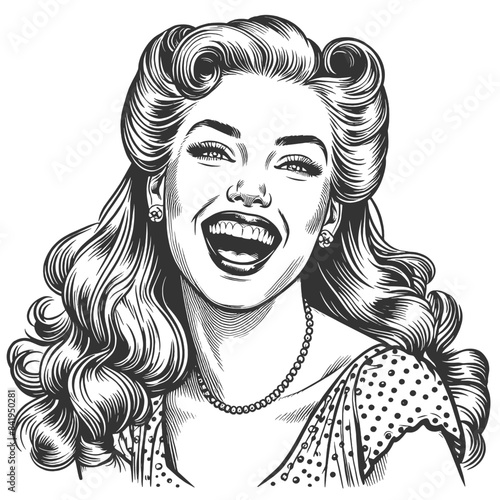 woman laughing heartily, her head thrown back in a moment of pure joy and infectious mirth sketch engraving generative ai fictional character vector illustration. Black and white image.
