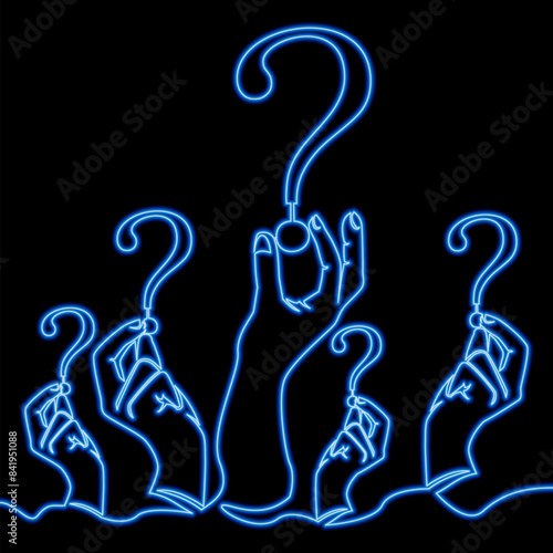 Many hands are holding question marks icon neon glow vector illustration concept