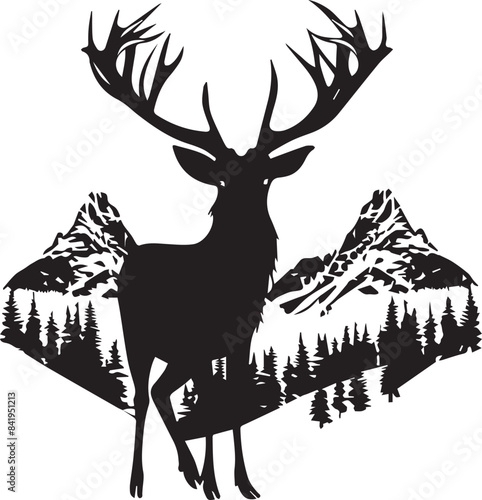 Deer Silhouette Vector and Mountain 
