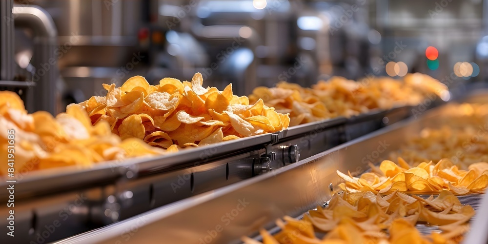 Conveyor belt system for packaging crispy potato chips in automated production line. Concept Conveyor Belt System, Food Packaging, Automated Production Line, Potato Chips, Crispy Snacks Conveyor belt system for packaging crispy potato chips in automated production line. Concept Conveyor Belt System, Food Packaging, Automated Production Line, Potato Chips, Crispy Snacks