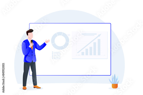 Male speaker speaks standing at presentation screen. Vector illustration of business person at conference meeting. Training, coaching, education concept