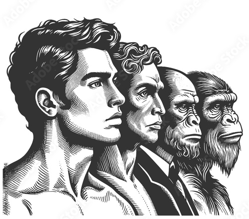 evolutionary progression from ape to modern human, stages of human development sketch engraving generative ai fictional character vector illustration. Scratch board imitation. Black and white image.