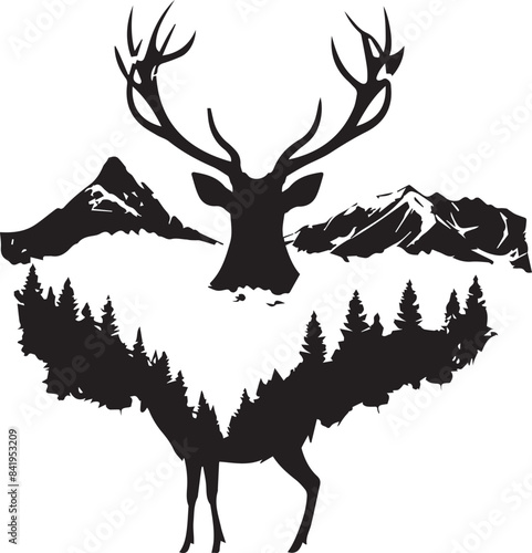 Deer Silhouette Vector and Mountain 