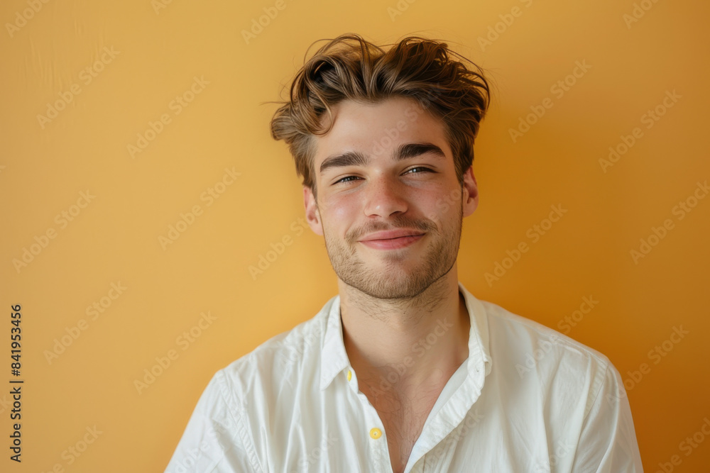 A close up portrait of a young man with a subtle smile A close up portrait of a young man with a subtle smile