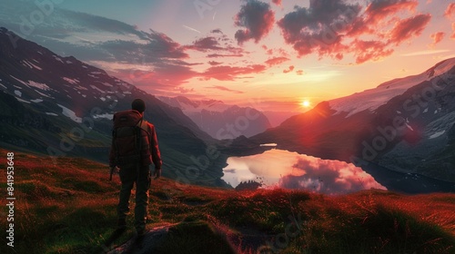 A hiker with a backpack takes in a breathtaking sunset, overlooking a serene mountain lake in the vast wilderness. © usman