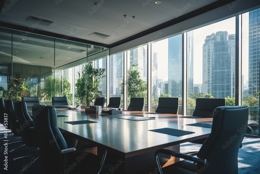 Modern Conference Room with Panoramic City View and Contemporary Office Furniture Modern Conference Room with Panoramic City View and Contemporary Office Furniture
