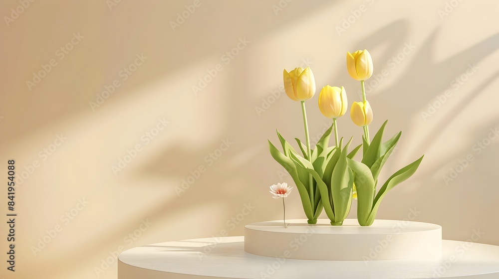 Yellow product display podium on tender fresh yellow backgrounds with spring blossom yellow tulip flowers bouquet, 3D display podium for beauty, cosmetic product presentation. Summer and spring mockup Yellow product display podium on tender fresh yellow backgrounds with spring blossom yellow tulip flowers bouquet, 3D display podium for beauty, cosmetic product presentation. Summer and spring mockup