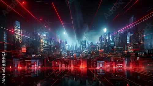 Wallpaper Mural Neon technology city business concept with skyscraper buildings and virtual network connection Torontodigital.ca