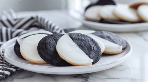 Black and white half-moon cookies on a plate photo